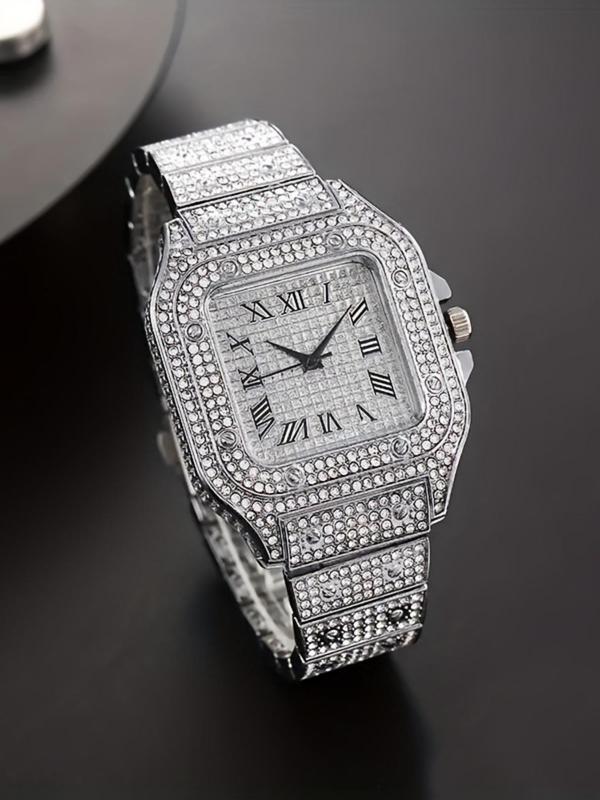 A square-shaped men's quartz watch featuring a starry sky design on the dial, stainless steel strap, diamond embellishments, and Roman numerals, Diamond Wrist Watch