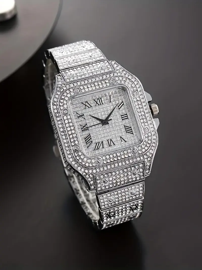 A square-shaped men's quartz watch featuring a starry sky design on the dial, stainless steel strap, diamond embellishments, and Roman numerals, Diamond Wrist Watch