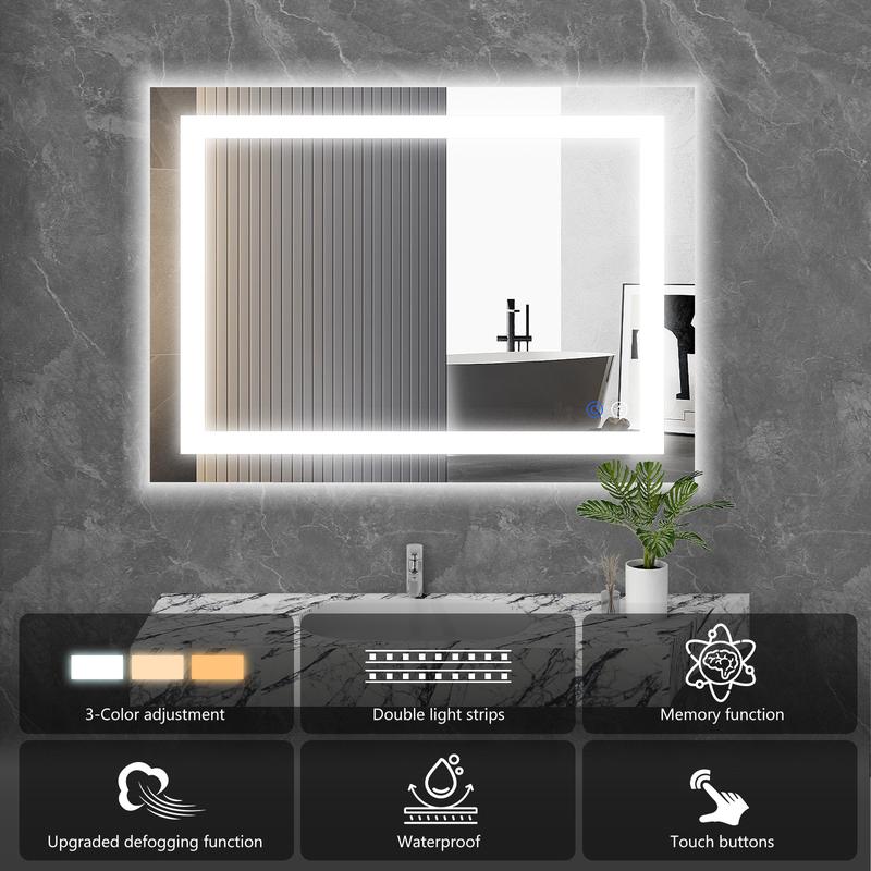 Bathroom Vanity Mirror - Anti-Fog, Dimmable Rectangle Mirror with Front & Backlight, Smart Memory Function, Tempered Glass