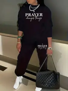 Plus Size Sportswear Two Piece Set Women's Slogan Printed Long Sleeve Crew Neck Sweatshirt & Jogger Sweatpants Comfortable Active Wear