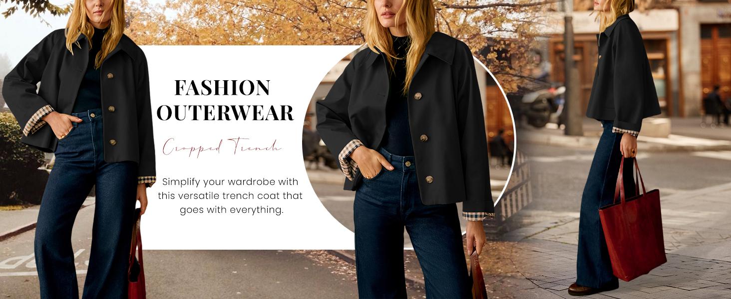UANEO Womens Cropped Trench Coat Classic Collar Oversized Casual Jackets with Checkered Lining