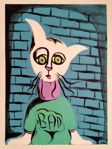 Baby Bad Cat Acrylic Painting (Poster Style) 9"x12" on Loose Cotton Canvas Blue Brick Wall Art for playful Home Decor