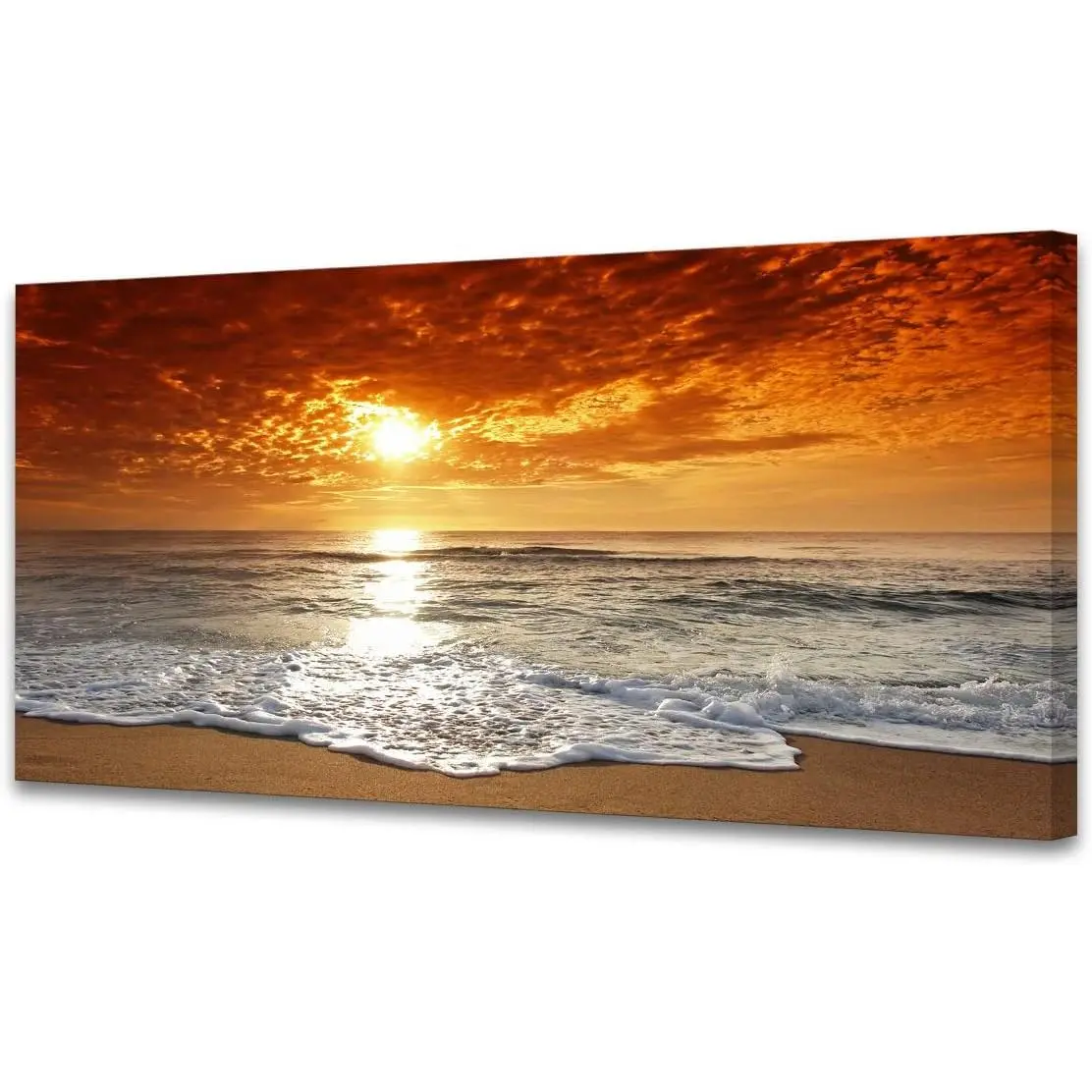 Canvas Prints Wall Art Sunset Ocean Beach Pictures Photo Paintings for Living Room Bedroom Home Decorations Stretched and Framed Ready to Hang Seascape Waves Artwork