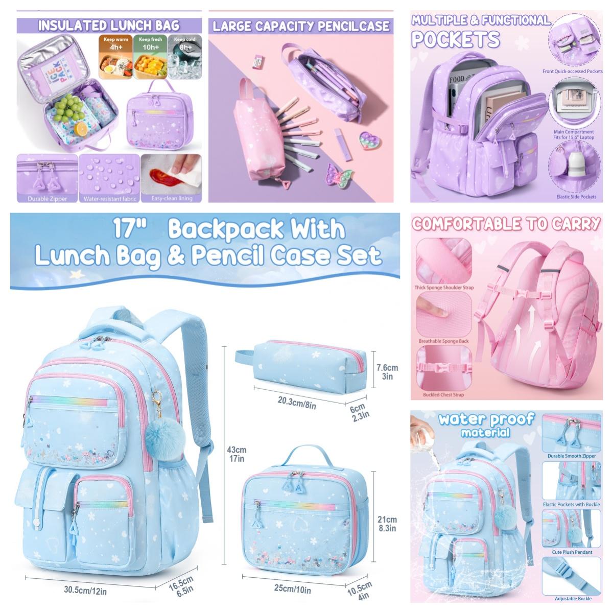 Fimibuke 3PCS Waterproof Oxford Cloth Backpack for School,Bookbag Set with Lunch Box & Pencil Case,colorful/Laptop/Corduroy/Embroidery school bag for Elementary Middle High School,Backpag with Stationery,Back to School Gift,Birthday's Gift