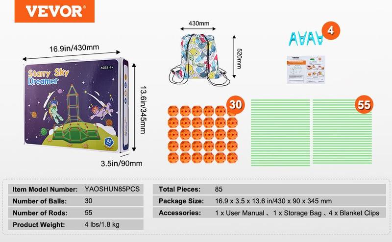 VEVOR Fort Building Kit, 140PCS Glow in The Dark Building Toys, Educational Gift for 4 5 6 7 8+ Year Old Boys & Girls Indoor Play Tent Construction Toys with 96 Rods and 44 Balls  Christmas gift