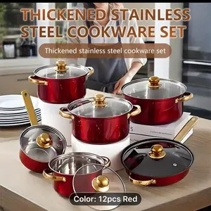 A 12pcs Cookware Set in Red, Made of Stainless Steel, Featuring Non-Stick Pans. This Versatile Kitchen Set Includes Various Pots to Fulfill All Cooking Requirements, Making It an Ideal And Attractive Gift for Mothers