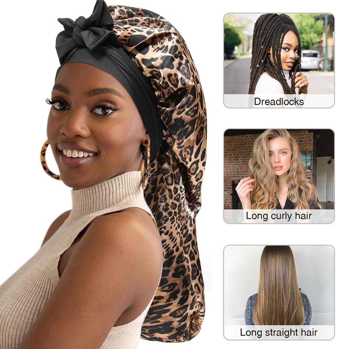 AWAYTR Double Layered Satin Nightcap Leopard Print Flower Elastic Long Sleeping Hats Hair Care Bonnet for Women Turban with Tie Band