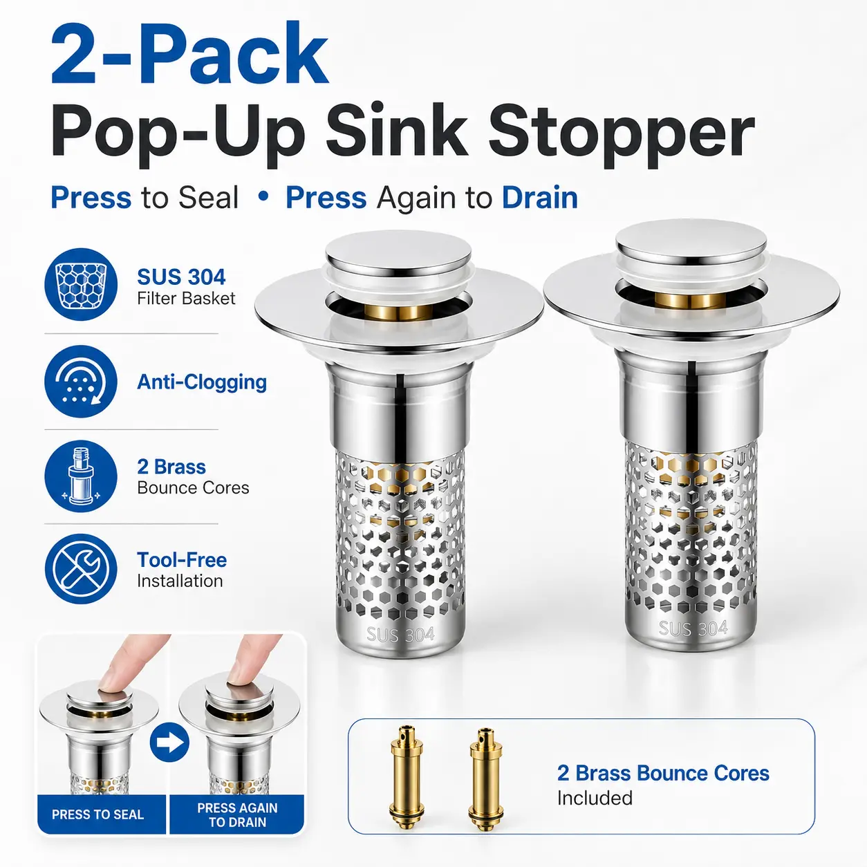 Universal Stainless Steel Anti-Odor Bathroom Drain Stopper with Hair Catcher - Removable Mesh Basket, Brass Pop-Up Bouncing Core Plug, Modern Anti-Rust Bathtub Accessory for Homeowners, Drain Adapter, Clog Prevention, Easy Cleaning, Durable, Eco-Friendly
