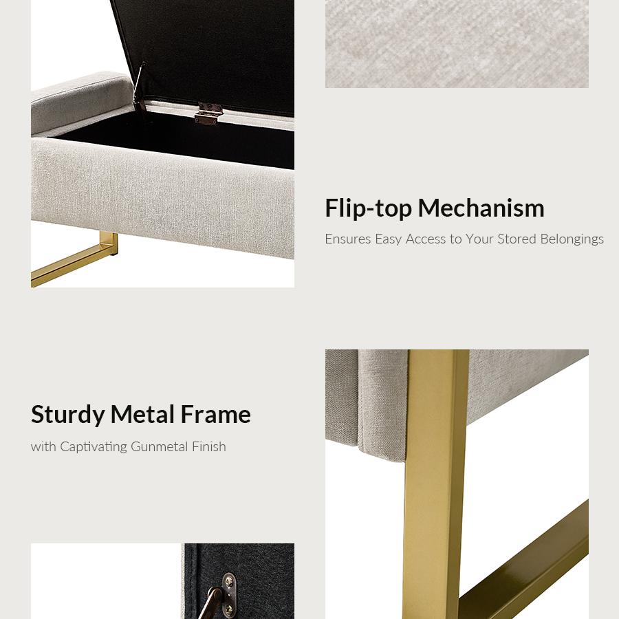 Hulala Flora Modern Upholstered Flip Top Storage Bench, button tufted top, sturdy metal frame, gunmetal finish, sufficient storage space, flip-top mechanism, end-of-bed bench, for living room, bedroom and entryway