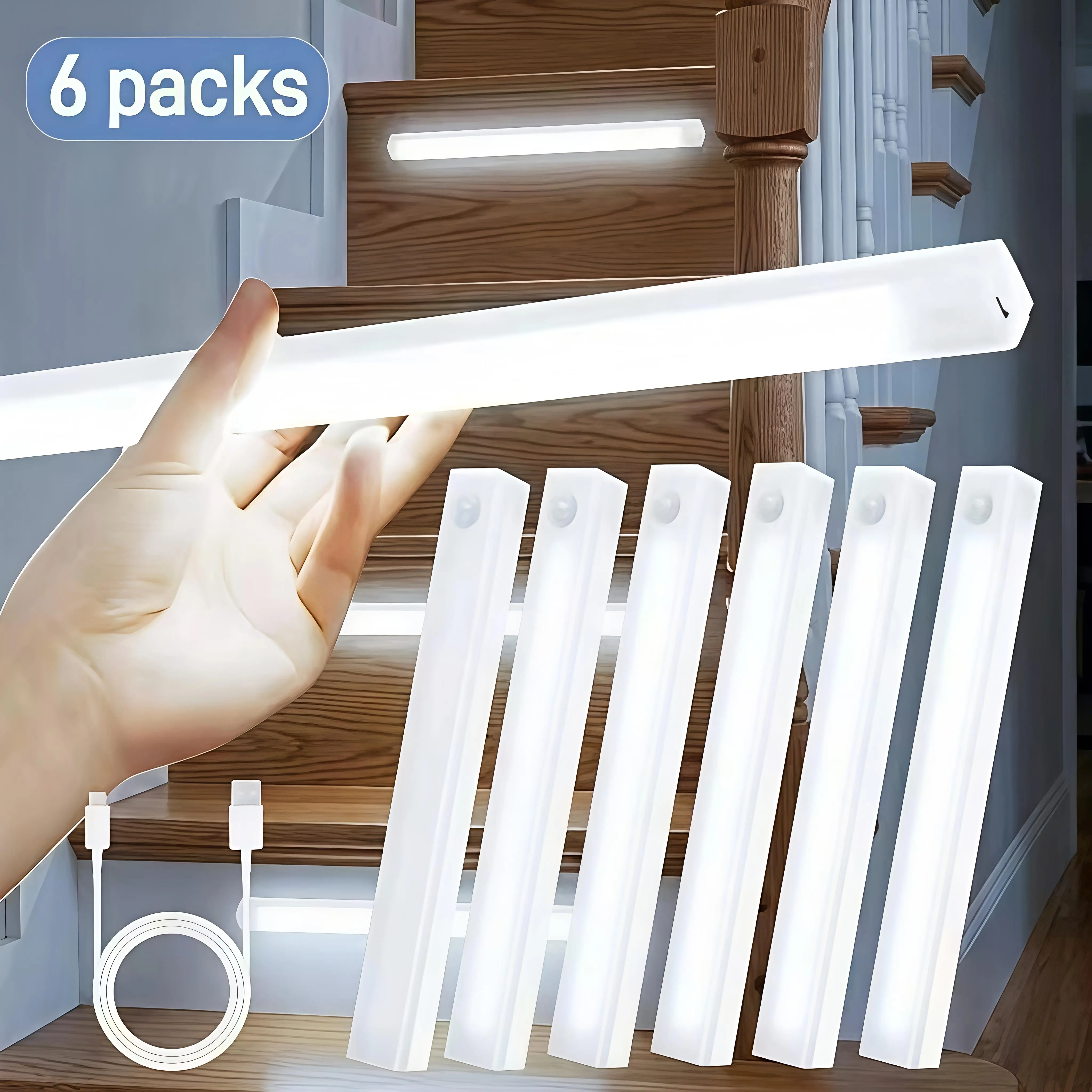 6 Pack Motion Sensor & Light Sensor LED Lights Indoor Magnetic Wireless Closet Lights Battery Powered 3 Modes Under Cabinet Lighting for Stairs Kitchen Bedroom 11.8in Cool White