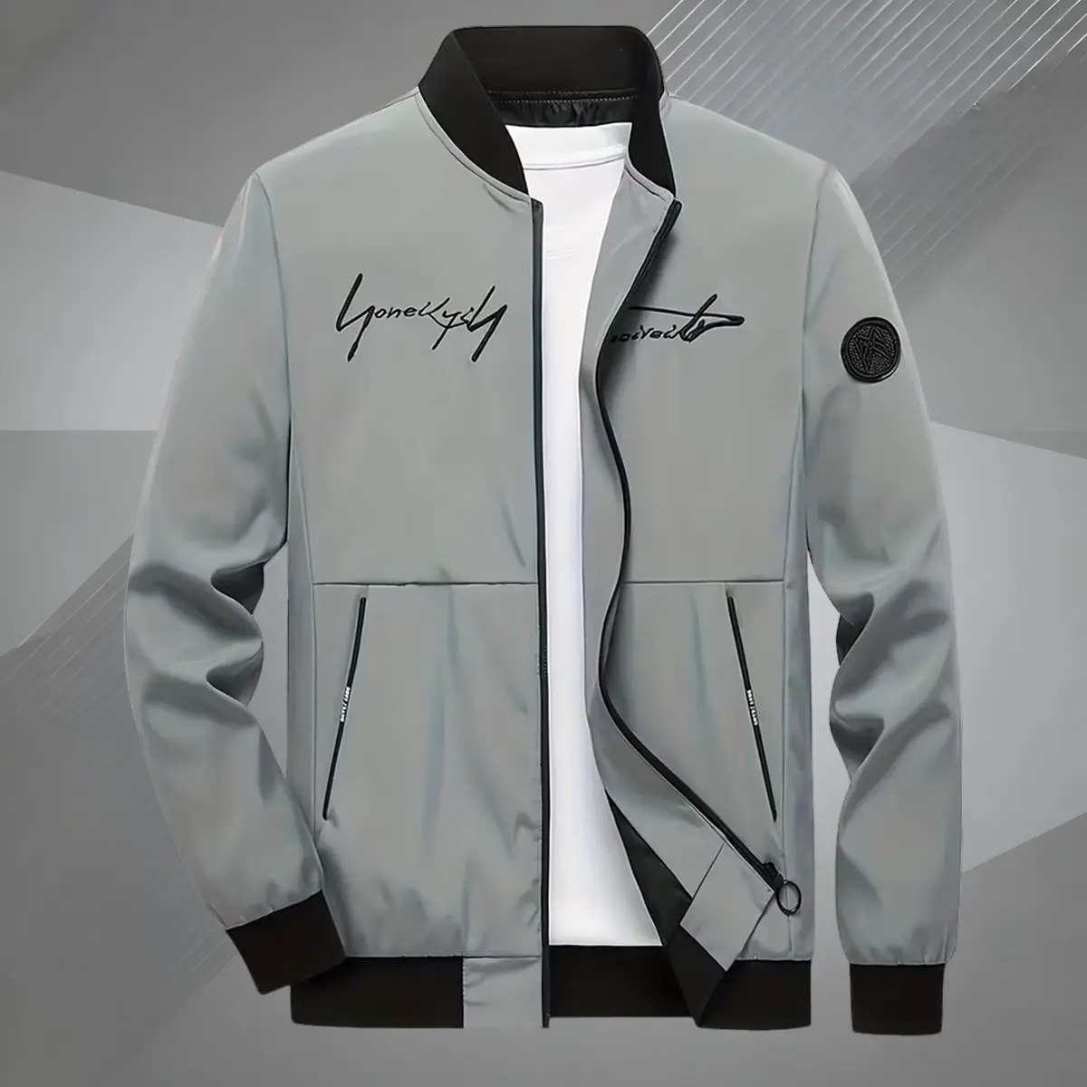Men's Stand Collar Bomber Jacket, Chic Streetwear Outerwear with Embroidered Letter Patches for Casual Commuting, Menswear