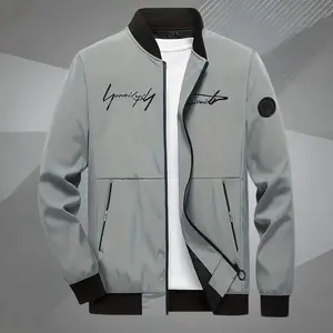 Men’s outdoor fashion embroidered letter stand-collar jacket — a trendy bomber-style top featuring an element patch design, suitable for everyday hiking/outdoor activities, mountaineering, camping, travel, and commuting.