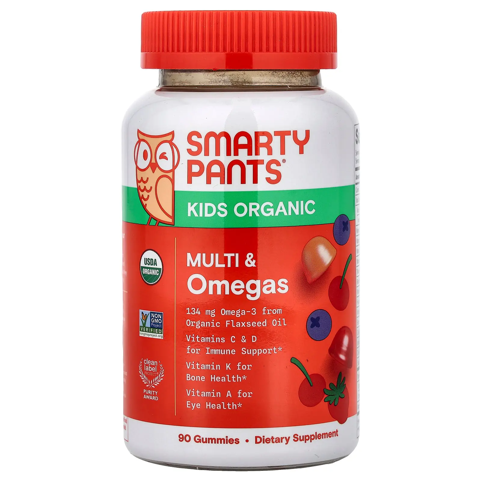 SmartyPants Kids Organic, Multi & Omegas Gummies, Mixed Berry and Cherry, 90 Gummies