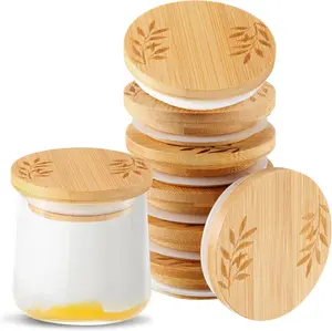6 Pcs Yogurt Jar Lids Set Compatible Oui Yogurt Jars Bamboo Wooden Lids Round Reusable Canning Covers Silicone Sealing Rings  Kitchen Food Storage (Jar Not Included)