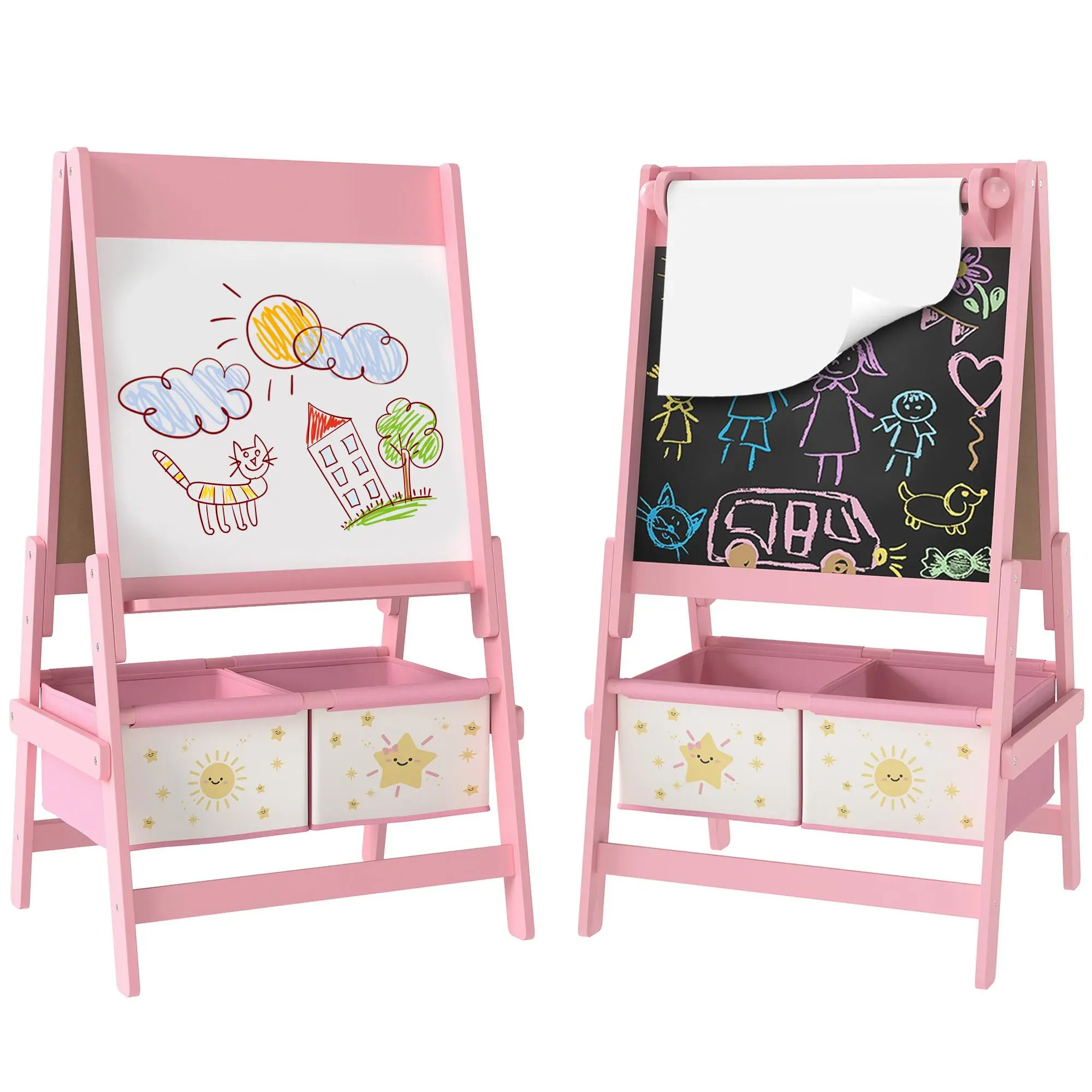Qaba Art Easel for Kids with Paper Roll, 3 in 1 Toddler Painting Easel with Blackboard, Whiteboard, Storage Baskets
