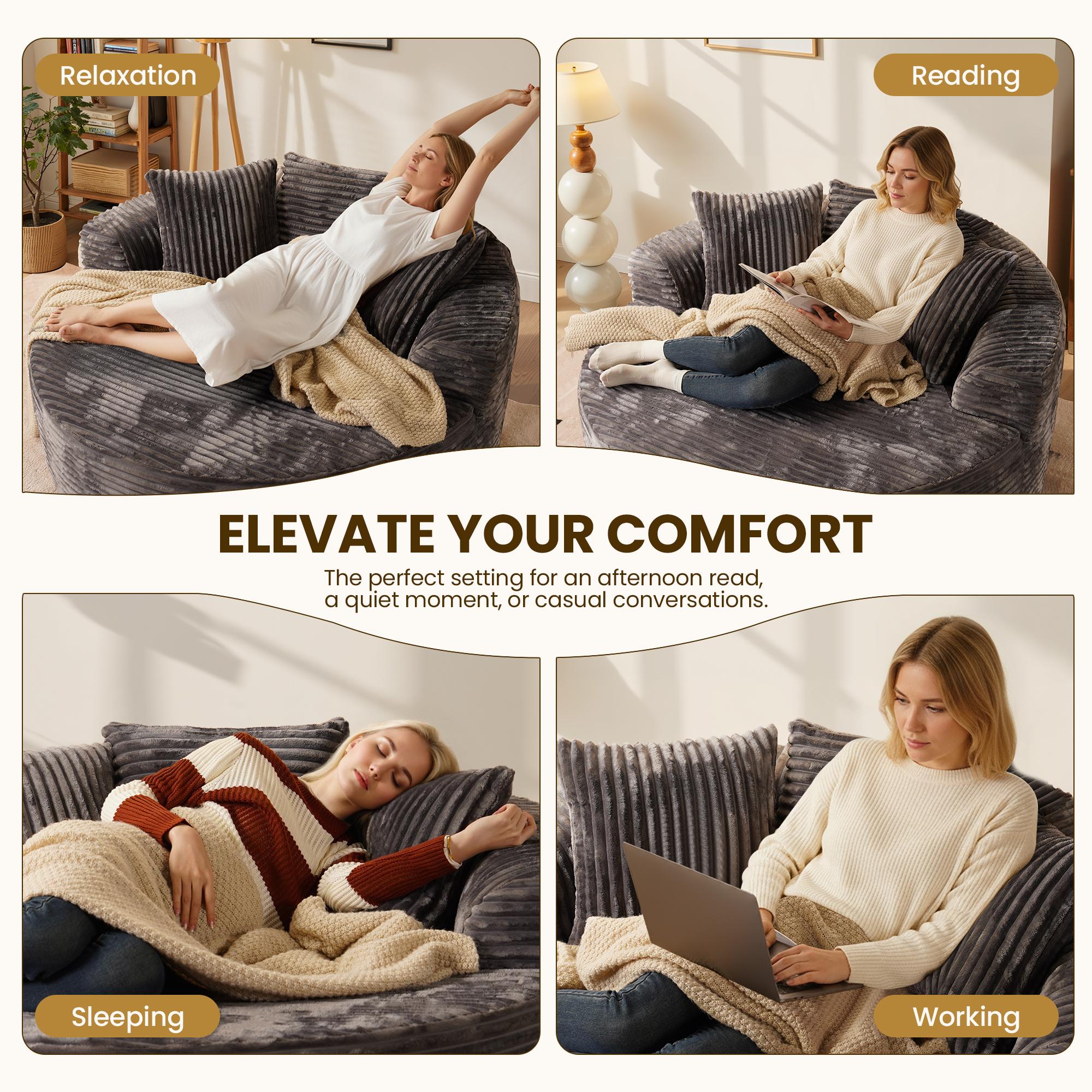 【Black Friday & Cyber Monday Deal】OOSWIFT 59" W Corduroy Single Foam Sofa, Oversized Round Chair with Pillows, Modern Sleeper for Living Rooms, Lounges, Nurseries and Projection Rooms, Wide-Arm Lounge Chair Armchair