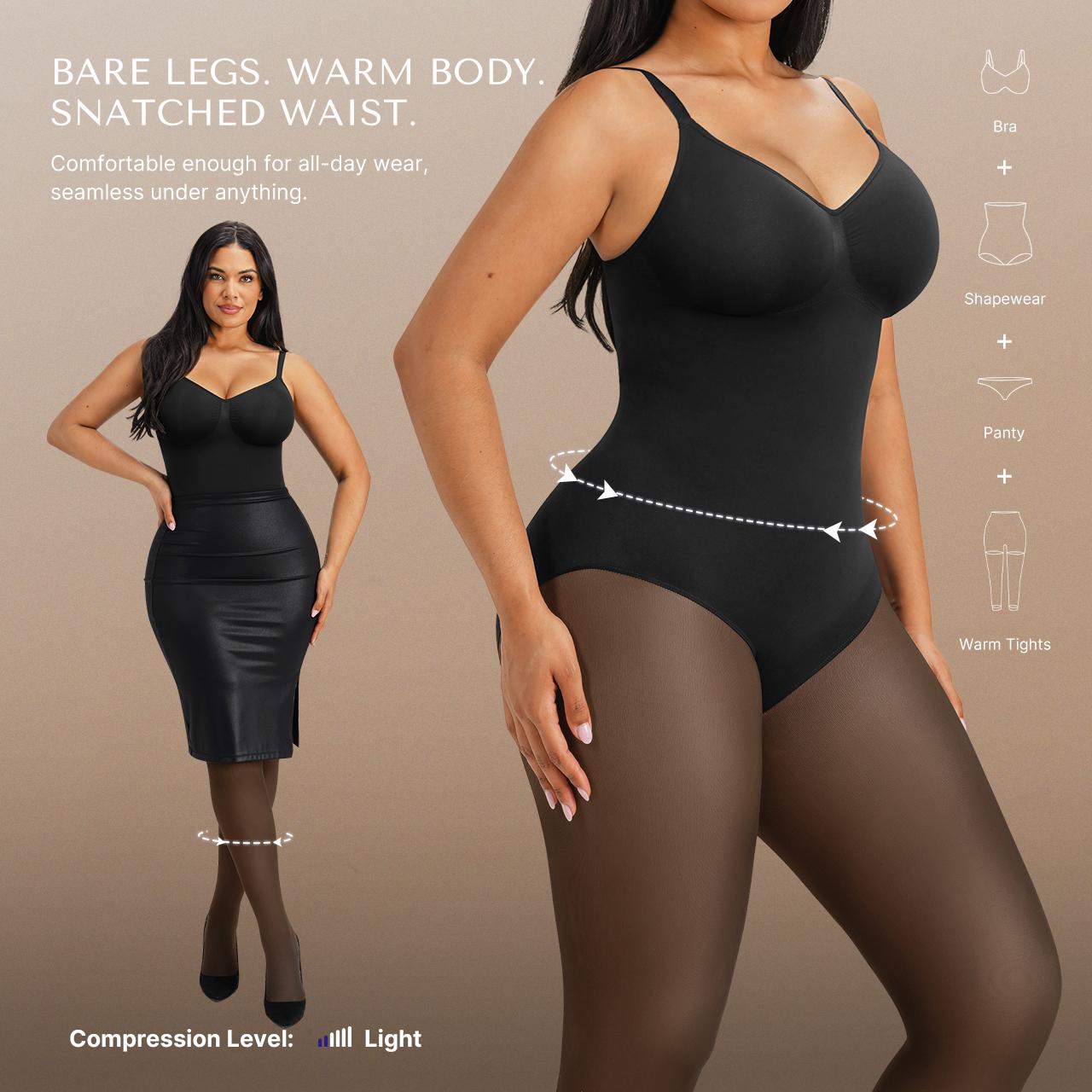 SHAPELLX CozyShape Sheer-Panel with Fleece Lined Tights Stay-Warm Tummy Control Sheer Effect Tights Bodysuit Black Basic