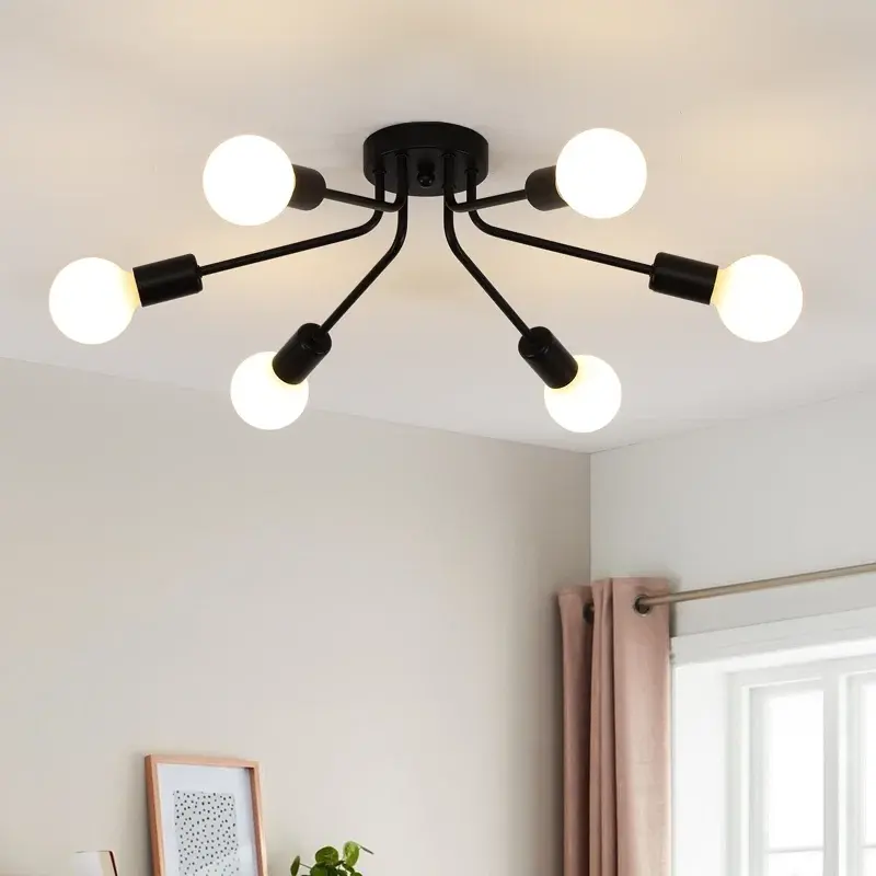 Modern 6 Light Semi-Flush Ceiling Chandelier for Living Room, Dining Room, Bedroom (Bulbs Not Included) - Black