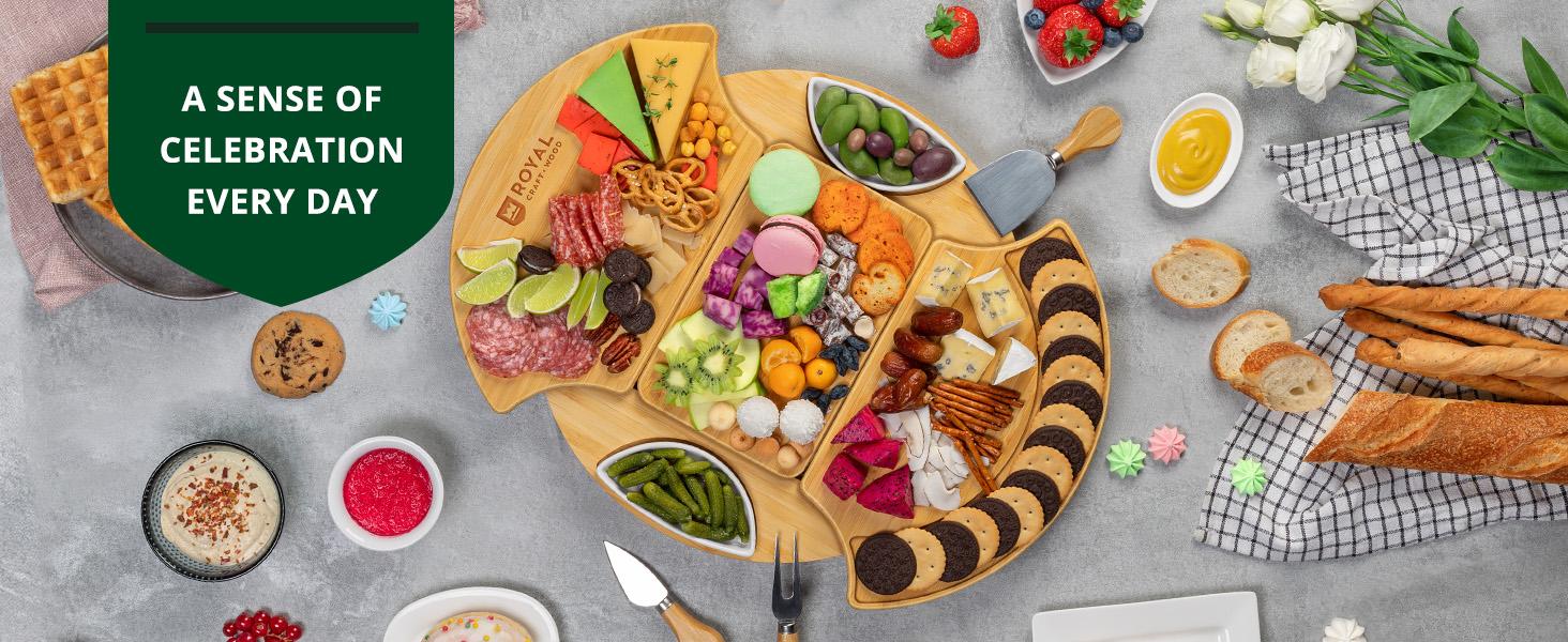 French Round Charcuterie Board - Cheese Board & Knife Set - Serving Tray with Cutlery Set - Wooden Tableware, Platter - Cheese Tray - Royal Craft Wood