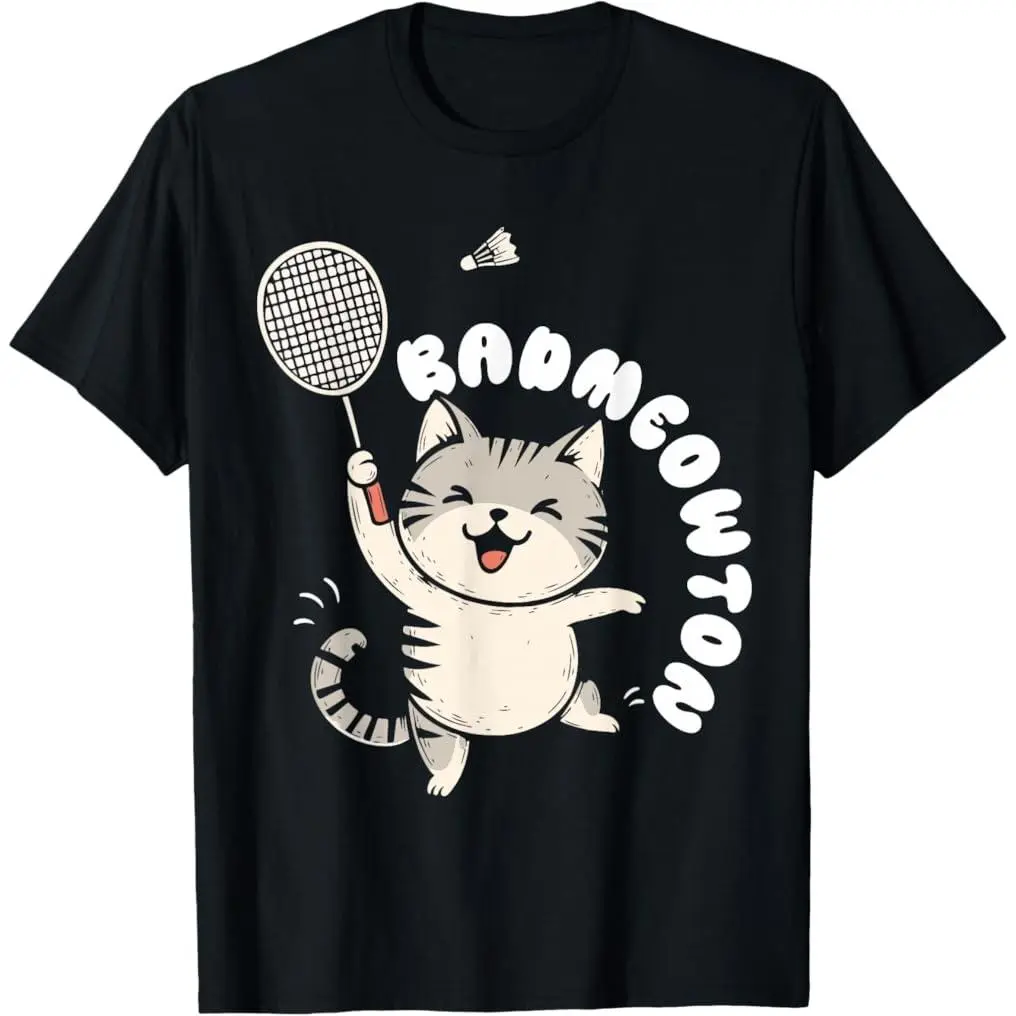 Badmeowton Badminton T-Shirt - Unisex Short-Sleeve Cotton Tops, Vibrant Graphic Print, Machine-Washable Sports & Outdoor Wear, Shortsleeve, Machine Wash