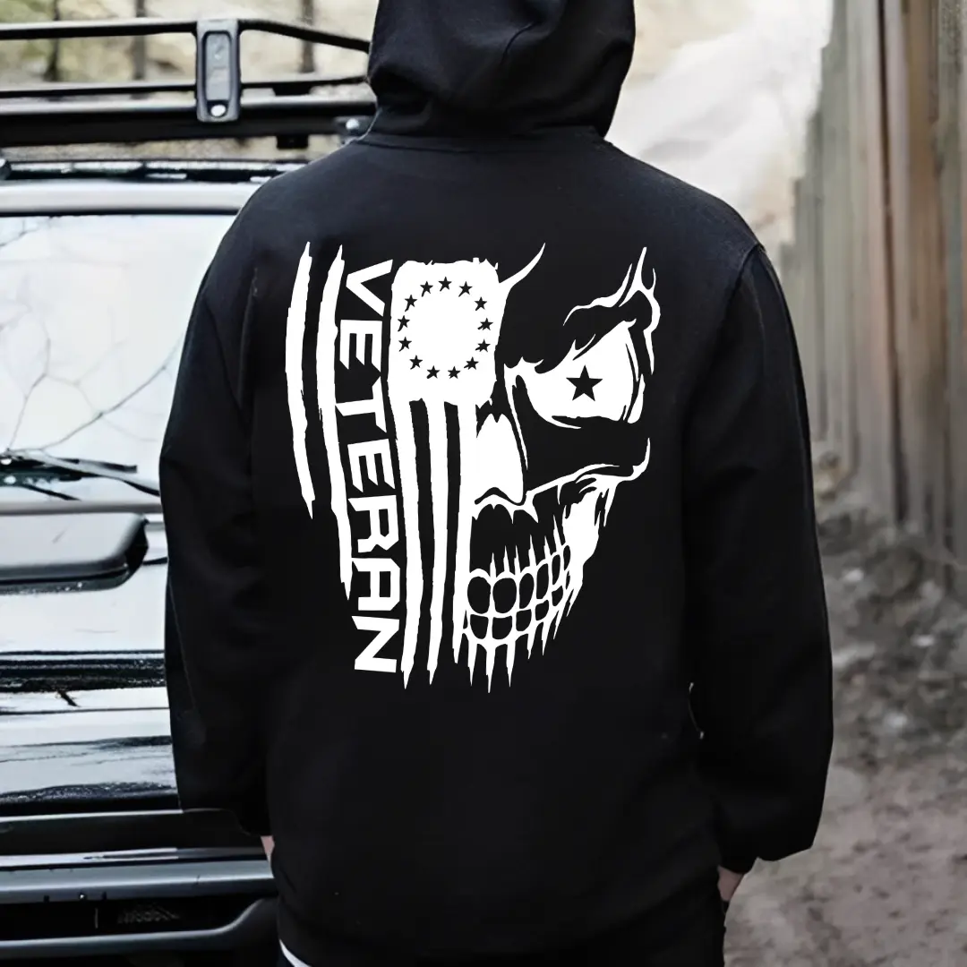 Men's Casual Streetwear Hoodie/Jumper - Round Neck Sweatshirt with Patriotic Flag Punisher-Style Back Print, Suitable for Valentine's Day, Children's Day Menswear Tops, Valentines Day