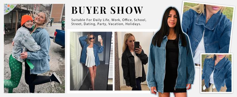 Imily Bela Womens Oversized Denim Jackets Casual Zip up Spring Long Sleeve Jean Jacket with Pocket