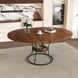43 inch Round Dining Table for 4-6, Expandable Farmhouse Kitchen Table with Storage Shelf & Metal Base, Brown & Black Extendable Wood Table from 43 to 59 inch, Large Round Table for Home (No Chairs)