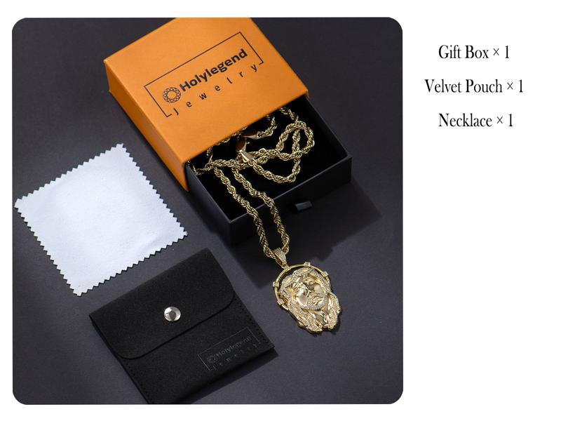 Holylegend 14k Real Gold-Plated Mens Jesus Pendant Necklace, Iced Out Jesus Head with Halo, CZ Diamond Hair & Fully Paved Bail, Hip Hop Religious Jewelry, Gift for Fashion Lovers