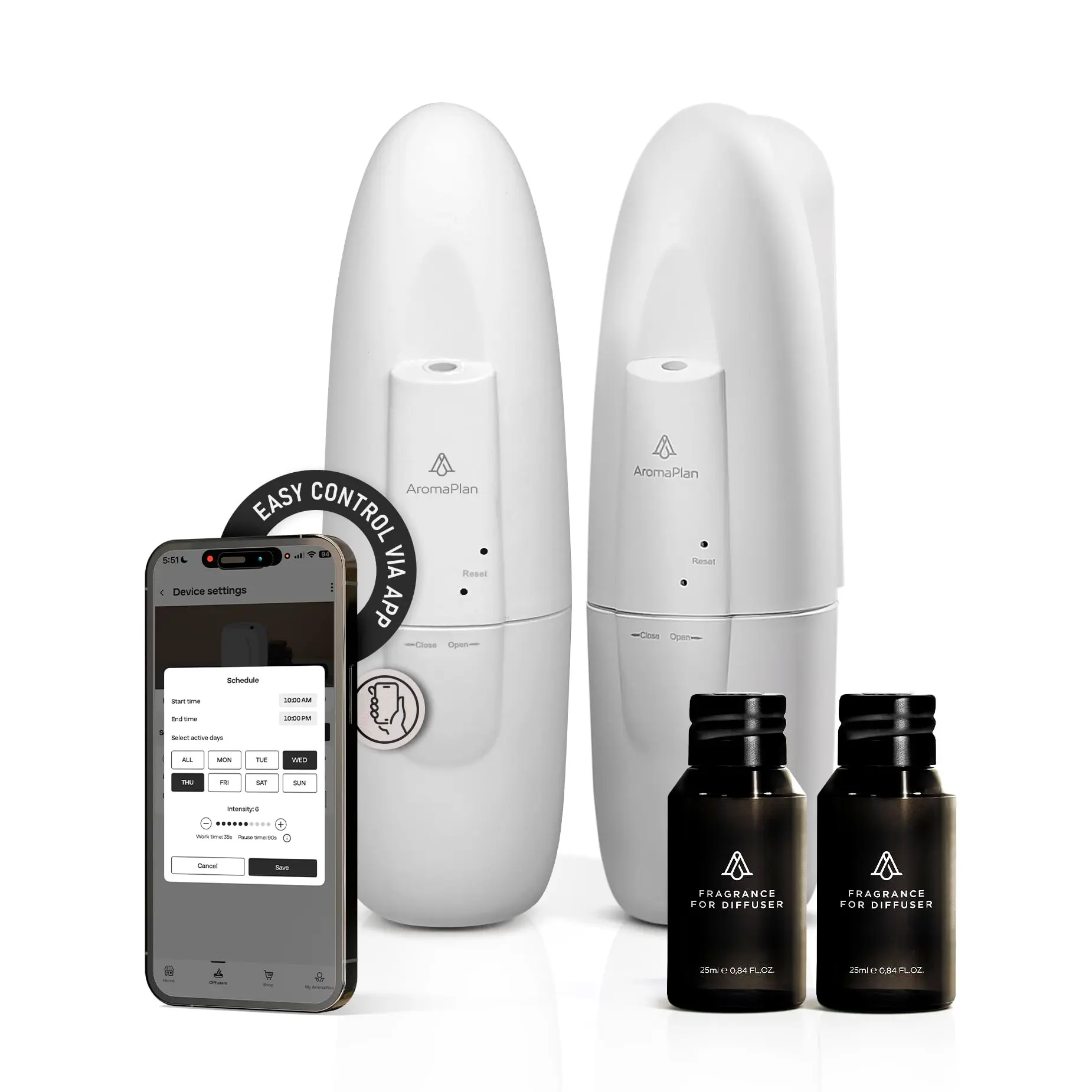 AromaPlan White Smart Plug-in Waterless Diffuser Set (2-Pack) with 2 Non-Toxic Floral Oil Fragrance Bottles - Bouquet Room Freshener for Birthday, Casual, Engagement Use