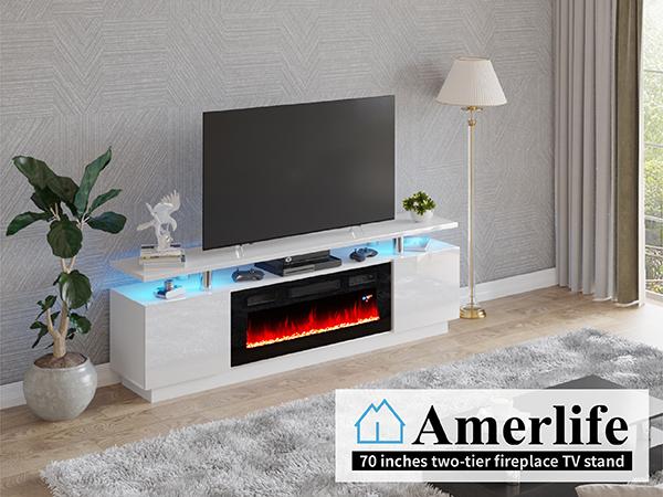 [Ships in 2 Boxes] AMERLIFE Fireplace TV Stand for Living Room, Modern High Gloss Entertainment Center with LED Lights , 2 Tier Storage Cabinet for TVs Up to 80in/90in/Remote Control/Colorful Flame/Energy Efficient/Best Gift Ideas/Christmas Gifts