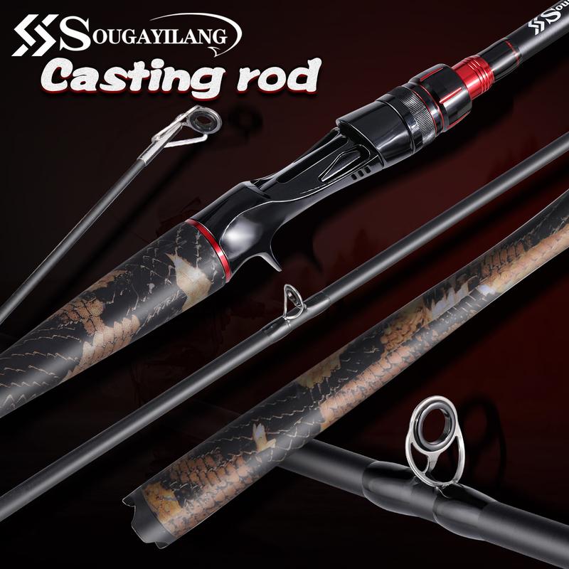 Sougayilang casting rod and reel combo set, featuring an IM6 carbon two-piece rod blank, stainless steel guides with ceramic inserts, ergonomic EVA handle and butt, available in split or one-piece rear handle designs, and six models to choose from.