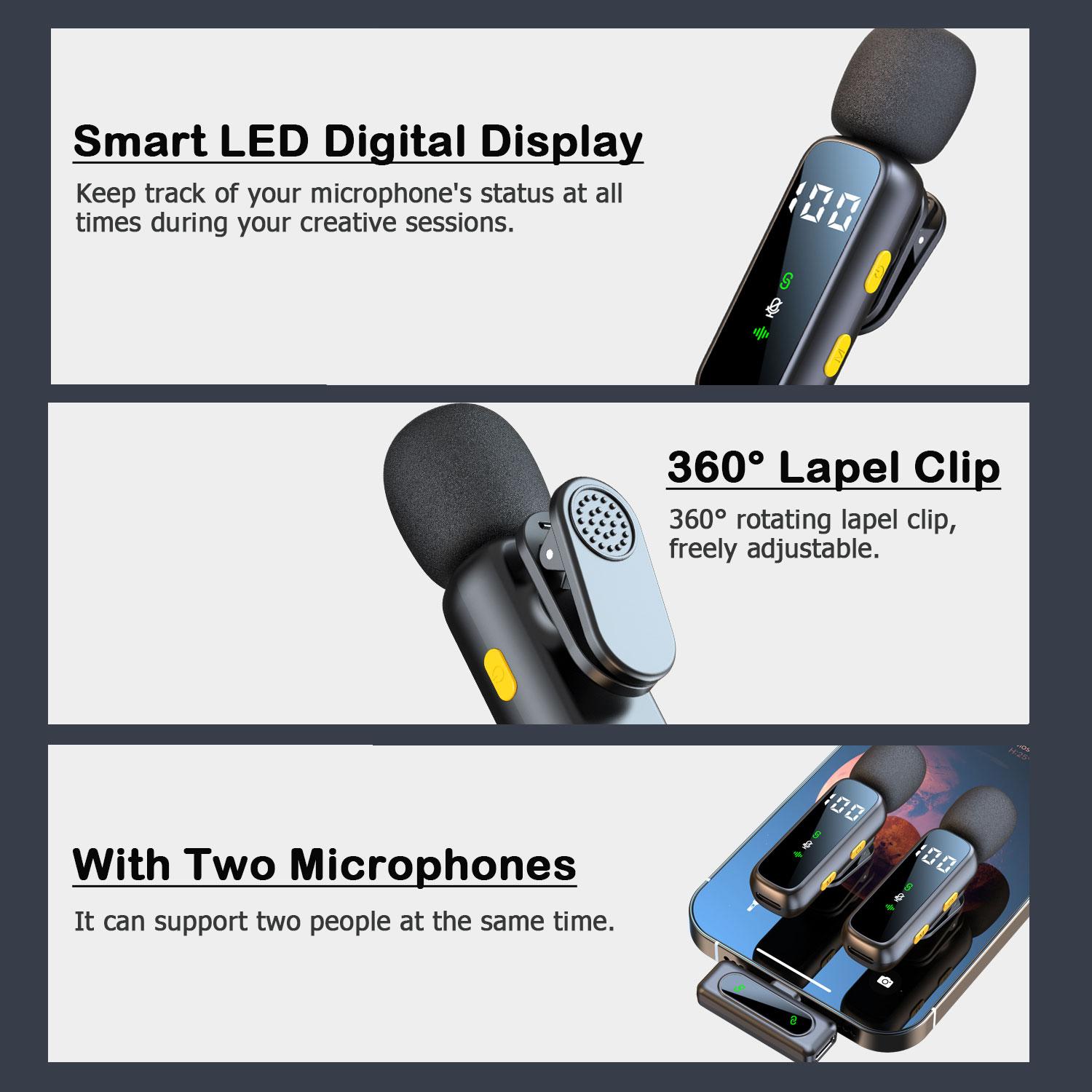 HITOZON 2.4GHz 2Mic Wireless Lavalier Microphone - Built-in Batteries, Intelligent Noise Cancelling, Plug-and-Play with Type-C Port, +iOS Adapter, USB Type-C for iPhone, Android, Digital Camera - Studio Sound for Video Recording, Vlog, 2Mic | Type C Port HITOZON 2.4GHz 2Mic Wireless Lavalier Microphone - Built-in Batteries, Intelligent Noise Cancelling, Plug-and-Play with Type-C Port, +iOS Adapter, USB Type-C for iPhone, Android, Digital Camera - Studio Sound for Video Recording, Vlog, 2Mic | Type C Port
