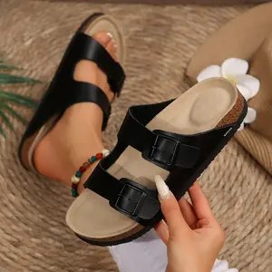 Women's Sandals Cork Footbed Two Strap Slippers Non-Slip Double Buckle Casual Slide Slippers Indoor Outdoor Shoes for Beach Days