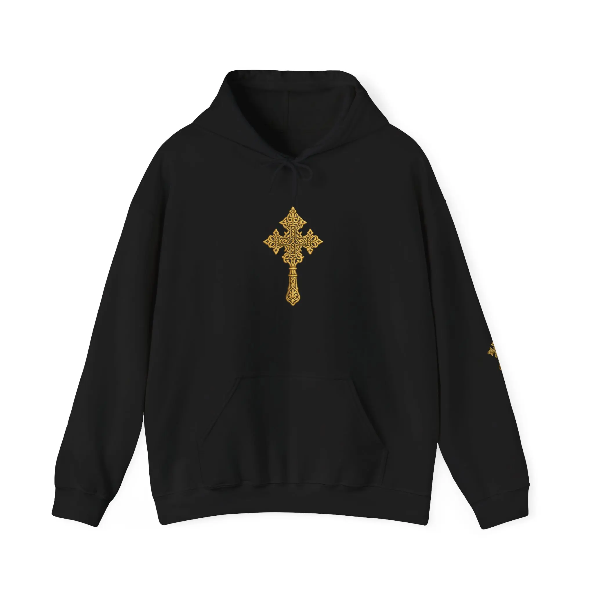 Men's Traditional Ethiopian Gold Lalibela Orthodox Cross Pullover Hoodie - Habesha Streetwear Top with Embroidery Print, Kangaroo Pocket, Soft Cotton Premium Fabric