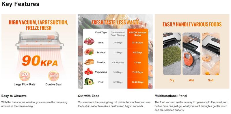 VEVOR Vacuum Sealer Machine, TikTokShopBlackFriday, 90Kpa 130W Powerful Dual Pump and Dual Sealing, Dry and Moist Food Storage, Automatic and Manual Air Sealing System with Built-in Cutter, with Seal Bag and External Hose