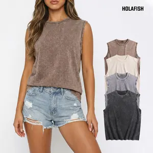 Holafish Oversized Womens Unisex Vintage Acid Washed Tank Top for Women Sleeveless Crewneck Loose Fit Cotton Shirt,Relaxed Fit Tops Gyms Wash T-Shirt Running Beach Loose Fiting Undershirt