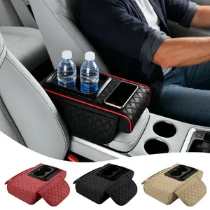 4 in 1 Car Armrest Center Console Box Cover, PU Leather Hand Rest Cushion Protector Pad with 2 Cup Holders & Storage Bags, Multifunctional Memory Cotton Car Middle Center Console Armrest Cover Pad Mat Car Accessories