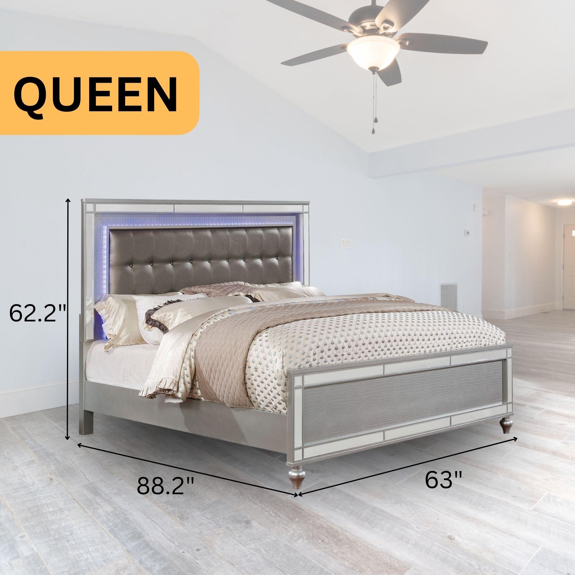 Brachium Glam LED Upholstered Bed Only – Mirrored Panel Frame, Button-Tufted Leatherette Headboard, LED Light Trim, Silver or White Finish Brachium Glam LED Upholstered Bed Only – Mirrored Panel Frame, Button-Tufted Leatherette Headboard, LED Light Trim, Silver or White Finish