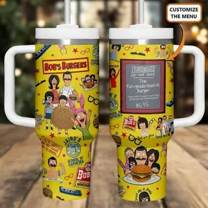 Bob’s Burgers 40oz Tumbler With Handle, Cartoon Family Cup, Custom Burger Menu Stainless Steel Travel Mug, Funny Animation Gift