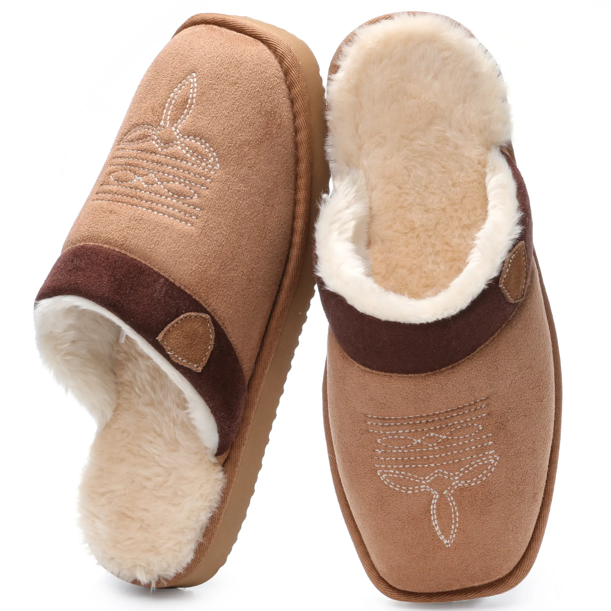 OOW Cowboy Boot Slippers for Men Western House Slippers Indoor & Outdoor Square Toe Chestnut Soft Faux Fur Lining Durable Cotton Fabric Flat Footwear
