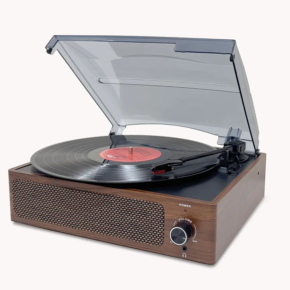 Vintage Walnut Wood Turntable - 3-Speed Vinyl Record Player with Built-in Stereo Speakers, Earphone Jack, RCA Line-out, Auxiliary Port, Default Settings Included, No Extra Accessories Required