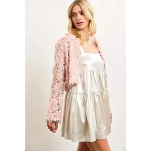 Sequin Faux Feather Padded Shoulder Cropped Jacket