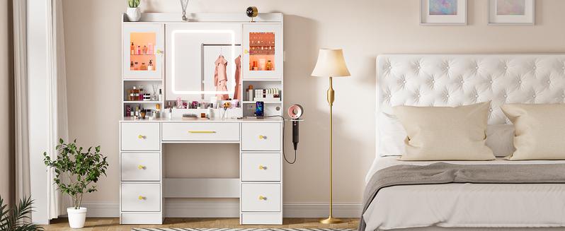 LAKEMID 7 Drawers White Vanity Table with Power Outlet, Lighting Mirror, Hair Dryer Rack, and RGB Cabinets, LED Lighted Vanity Desk Set light up Large sound sync Dimmable makeup
