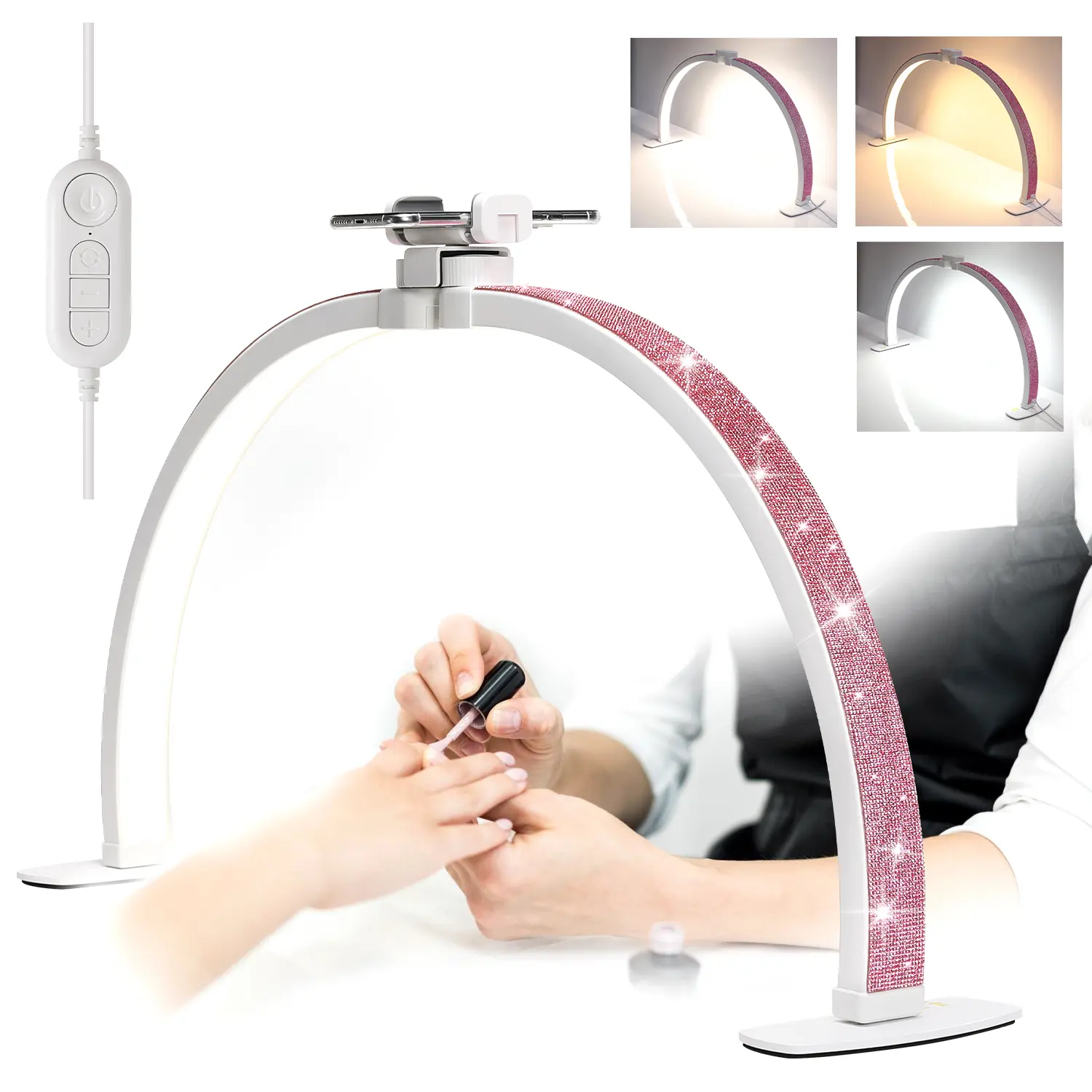 Foldable LED Half Moon Nail Lamp with Stepless Dimmer and Phone Holder, Adjustable All-Round Flicker-Free Light for Estheticians, Makeup & Tattoos, Adjustable Leds, Makeup Tutorial, Abs, Nail Desk, Led Nail Dryer Manicure Tool