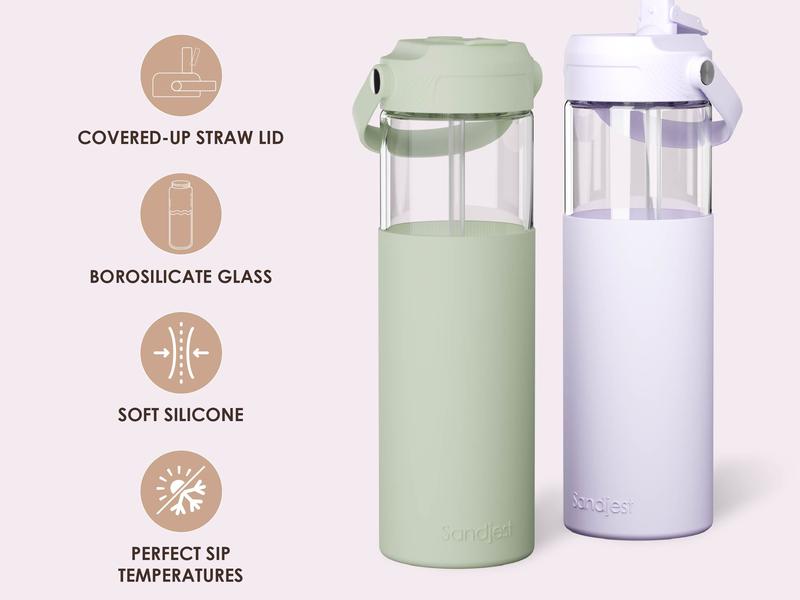 Sandjest Glass Water Bottle 20oz with Silicone Sleeve and Straw Lid, Reusable Portable Drinking Bottle for Home Office Travel Gym Sport Christmas Gift