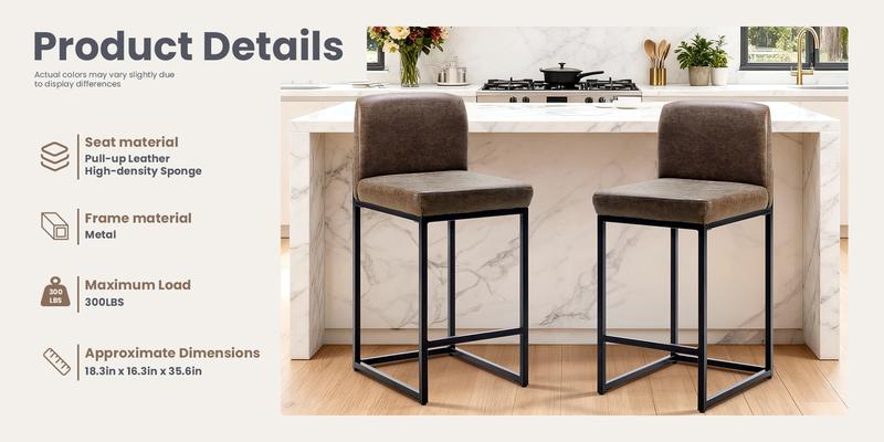 Set of 2 Modern PU Leather Bar Stools with Backrest, Comfortable Counter Stool for Kitchen & Home