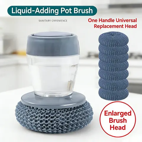 Palm Handle Automatic Liquid-Filling Plastic Soap Dispensing Brush - Sponge-Integrated Kitchen Scrubber with Removable & Washable Bristle Head, Squeegee, Comfortable Gentle Flow, No Hand Fatigue, Stove Tough Stain Grease Removal Home Cleaning Tool