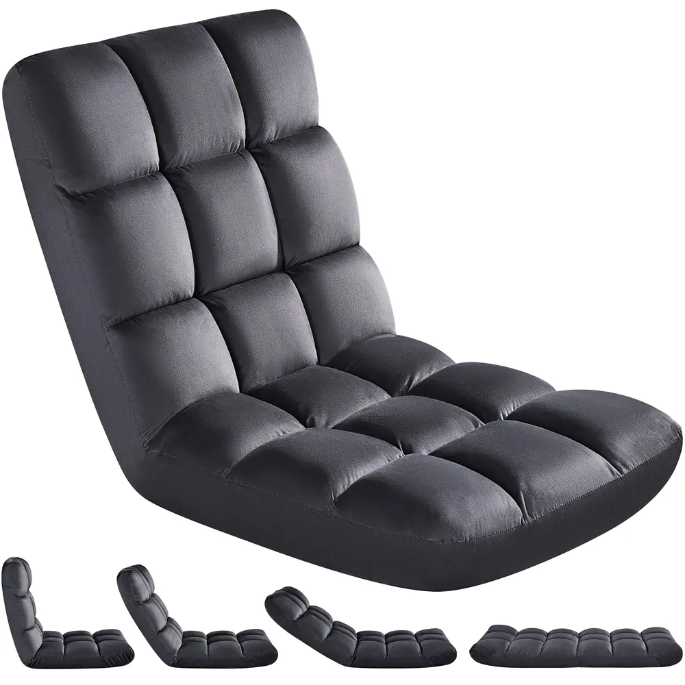Yaheetech Ergonomic Lightweight Modern Padded Floor Chair - 14-Pos. Adjustable Recliner with Premium Iron Back Support, Biscuit Tufted, Pre-Assembled for Game Rooms, Reading