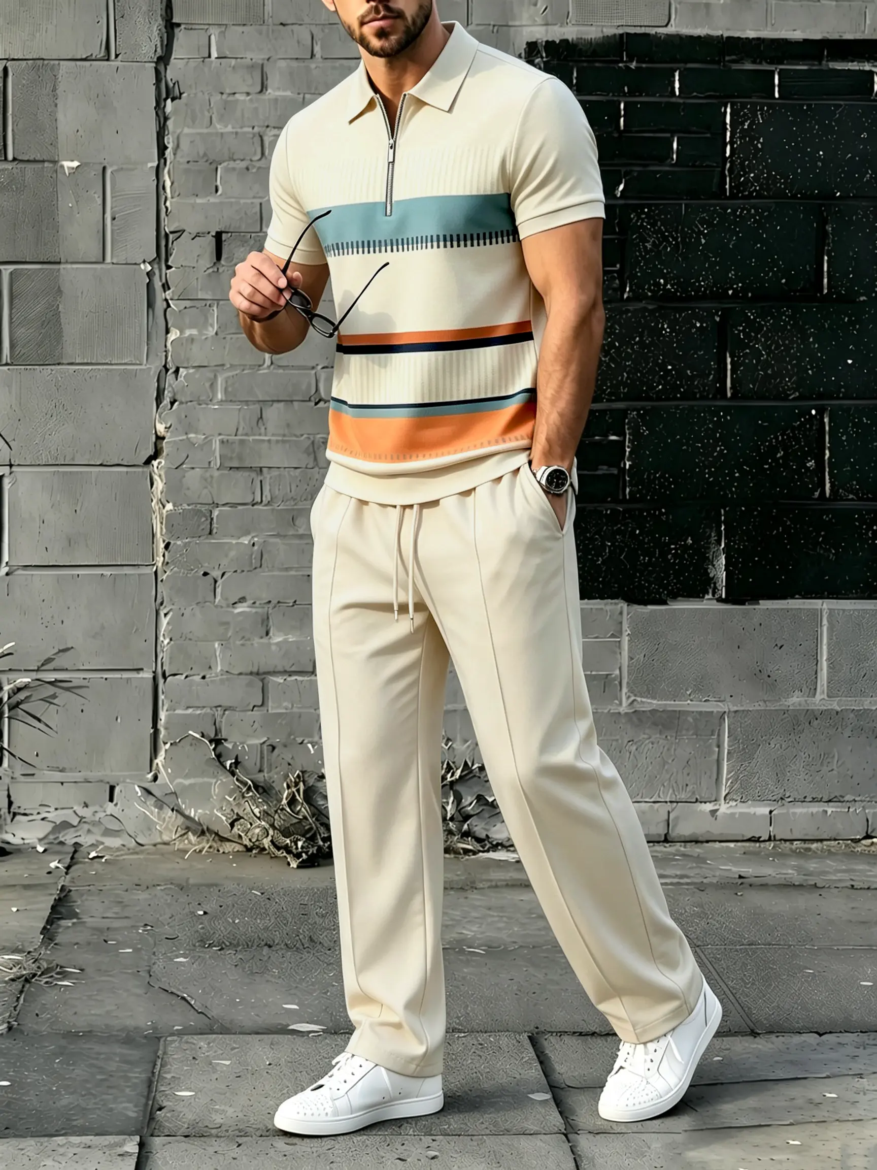 Men's 2-Piece Casual Geometric Printed Short-Sleeve Polo Shirt & Solid Color Pants Set, Comfortable Menswear for Work & Weekends, Stylish Mens Clothing Outfit