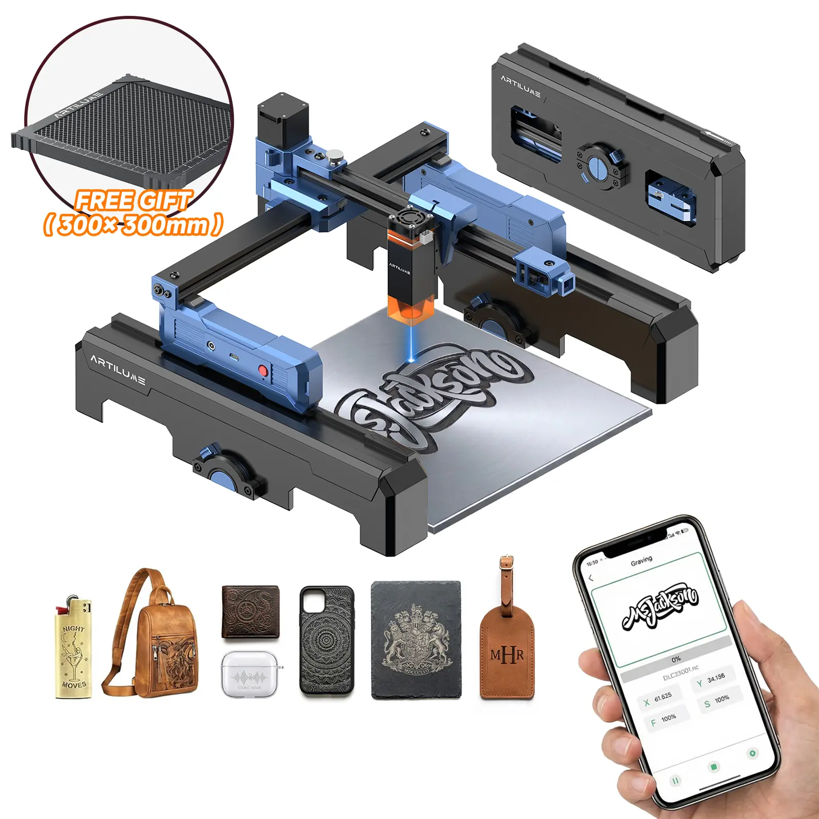 【Free 300×300mm Honeycomb Laser Bed 】ARTILUME T1-P Laser Engraver, APP Control, Foldable with 8cm Height Extension, 200×150mm Work Area, Engraves Wood, Leather, Acrylic & Coated Metal, for Small Business
